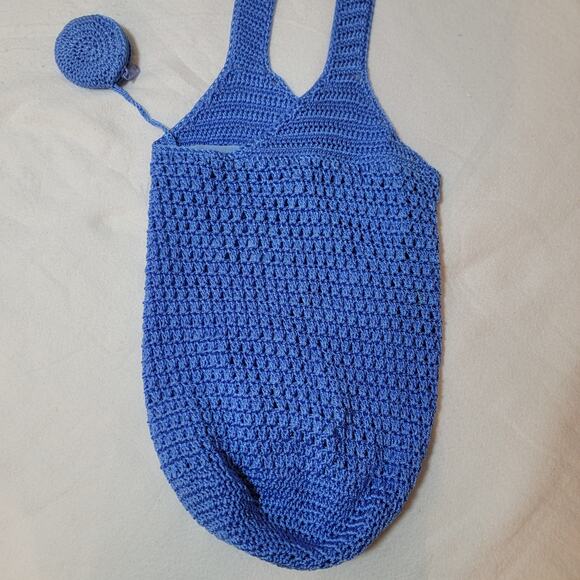Crocheted‎ Market Bag Mesh Tote Knit Blue Coquette Cottage Casual Traditional - Picture 3 of 14